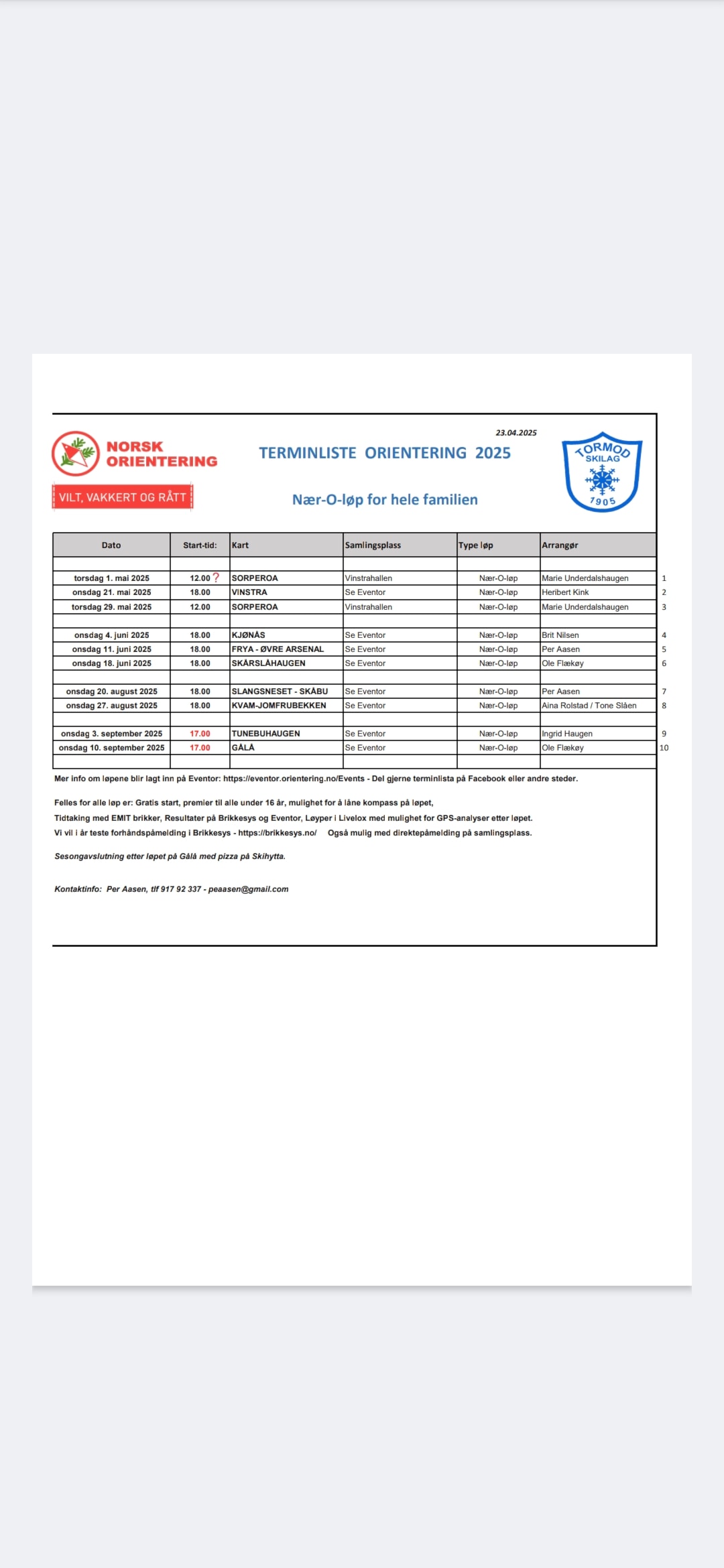 Terminliste orientering